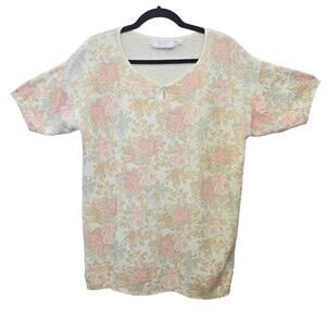 United States Sweaters Knit Top Medium Beige Pink VTG Victorian Antique Floral